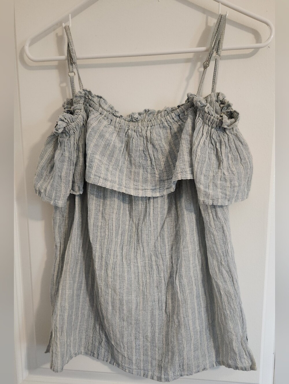 Elan Light Blue & White Striped Off Shoulder Spaghetti Strap Top- Size M